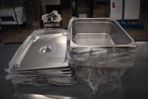 6 BRAND NEW! Stainless Steel 1/2 Size Drop In Bins w/ 6 Lids. 1/2x2. 6 Times Your Bid!