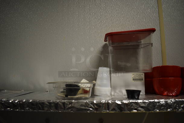White White Shelf w/ Contents Including Bins and Ceramic Bowls. 240x12x13. BUYER MUST REMOVE. (kitchen) - Image 7 of 8
