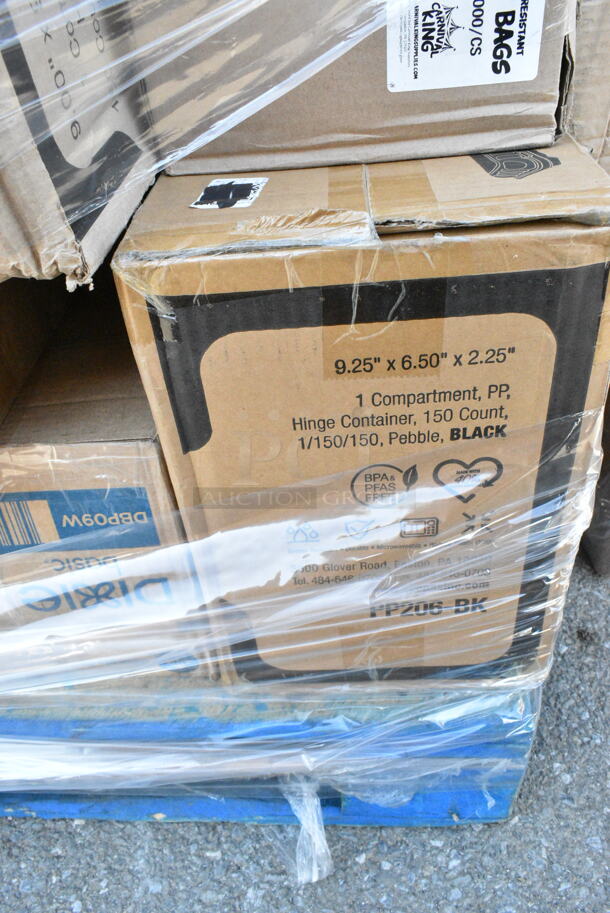 31 BRAND NEW Boxes Including 760IC08W Frozen Yogurt Cups Choice 8oz, 394325M Noble NexGen Powder-Free Disposable Blue Hybrid 3 Mil Thick Gloves M, 966UPWIDEB-500 OneUp by Choice White 2-Ply Wide Interfold 6 1/2" x 8 1/2" Dispenser Napkin - 6000/Case, 795PTOKFT3 Choice Kraft Microwavable Folded Paper #3 Take-Out Container 7 3/4" x 5 1/2" x 2 1/2", 150LFFBAG Carnival King 5" x 1" x 4" Large Kraft French Fry Bag - 2000/Case, 347TCL12 Choice 12 oz. Clear Disposable Plastic Tumbler - 500/Case, 128HD16COMBO Choice Heavy Duty 16 oz. Microwavable Translucent Plastic Deli Container and Lid Combo Pack - 240/Case, 127CH16F Choice 16 oz. Clear RPET Tall Hinged Deli Container - 200/Case, 2 Box 395RP07 EcoChoice Compostable Sugarcane / Bagasse 7" Plate - 1000/Case, 127CH08 Choice 8 oz. Clear RPET Tall Hinged Deli Container - 200/Case, 500CFT Lavex White C-Fold Standard Weight Towel - 2400/Case, 395TO881 EcoChoice 8" x 8" x 3" Compostable Sugarcane / Bagasse 1 Compartment Take-Out Box - 200/Case, 160TCPR83WH Choice 83" Round White Seamless 100% Spun Polyester Hemmed Cloth Table Cover, 347TCL12 Choice 12 oz. Clear Disposable Plastic Tumbler - 500/Case, Stolzle 3770002T Revolution 13 oz. White Wine Glass - 6/Pack, 182PB1824 Choice 18" x 24" Plastic Produce Bag on a Roll - 4/Case, 3 Box Fineline 3311-BK Platter Pleasers 9 1/4" Black Heavy-Duty Disposable Plastic Scalloped Serving Tongs - 24/Case. 31 Times Your Bid!  - Image 7 of 12