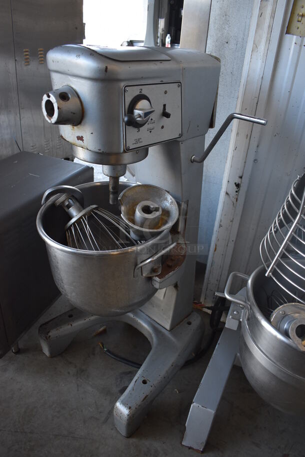 Hobart Model D-300 Metal Commercial Floor Style 30 Quart Planetary Dough Mixer w/ Stainless Steel Mixing Bowl, 2 Dough Hooks and Whisk Attachments. 208 Volts, 3 Phase. 21x22x46