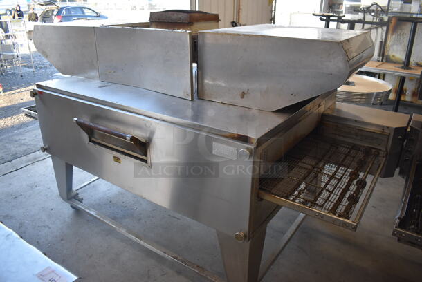 XLT 3270 Stainless Steel Commercial Natural Gas Powered Conveyor Pizza Oven on Commercial Casters. Comes w/ Hood / Vent. 180,000 BTU. 113x53x43, 99x37x22