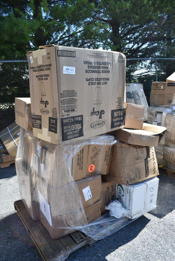 PALLET LOT of 24 BRAND NEW Boxes Including Dart 16J16 16 oz. White Customizable Foam Cup - 1000/Case, Dart 99HT1R 10" x 5 1/4" x 3" White Foam Hoagie Take Out Container with Perforated Hinged Lid - 500/Case, 50020CAFE Choice 20 oz. Café Print Poly Paper Hot Cup - 600/Case, 129MCS24B Choice 24 oz. Black Rectangular Microwavable Heavy Weight Container with Lid 8" x 5 1/4" x 2" - 150/Case, 966TALLFLDB Choice White Tall-Fold 6" x 13" Dispenser Napkin - 8000/Case, 303A45BWRAMF Acopa 4.5 oz. Bright White Fluted Porcelain Ramekin - 48/Case, 788410277WH Hoffmaster 410277 14" x 19" White Embossed Traymat with Scalloped Edge - 1000/Case, 500MFT Lavex White M-Fold (Multifold) Towel - 4000/Case, 999PTOKFT8 Kraft Microwavable Folded Paper. 24 Times Your Bid!  - Image 1 of 12