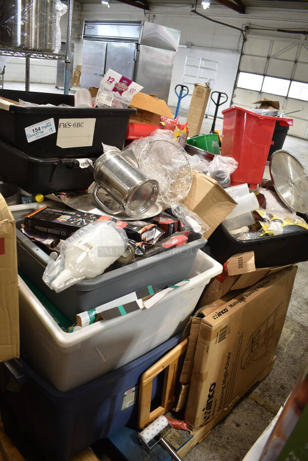 PALLET LOT of 18 BRAND NEW! Boxes Including Dishers, Winco High Chair, Aprons, Poly Condiment Bottles, Stainless Steel Drop In Bins, SCAL-9100 9" Dial Scale, AXSI-12, Winco Aluminum Steam Basket, Winco IB-55-LE Lid. 18 Times Your Bid! - Image 1 of 12