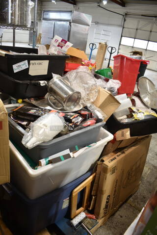 PALLET LOT of 18 BRAND NEW! Boxes Including Dishers, Winco High Chair, Aprons, Poly Condiment Bottles, Stainless Steel Drop In Bins, SCAL-9100 9" Dial Scale, AXSI-12, Winco Aluminum Steam Basket, Winco IB-55-LE Lid. 18 Times Your Bid!