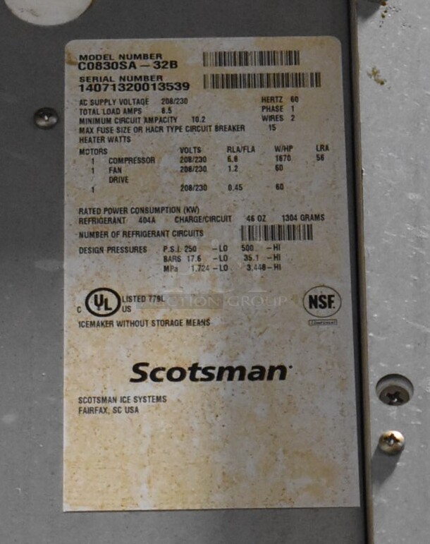 Scotsman C0830SA-32B Stainless Steel Commercial Ice Head on Commercial Ice Bin. 208/230 Volts, 1 Phase. 30x36x99 - Image 8 of 8