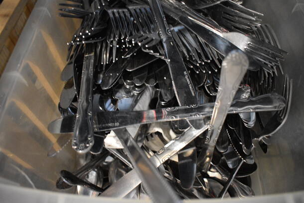 ALL ONE MONEY! Lot of Various Metal Silverware in Clear Poly Bin! 16x11x9 - Image 4 of 4