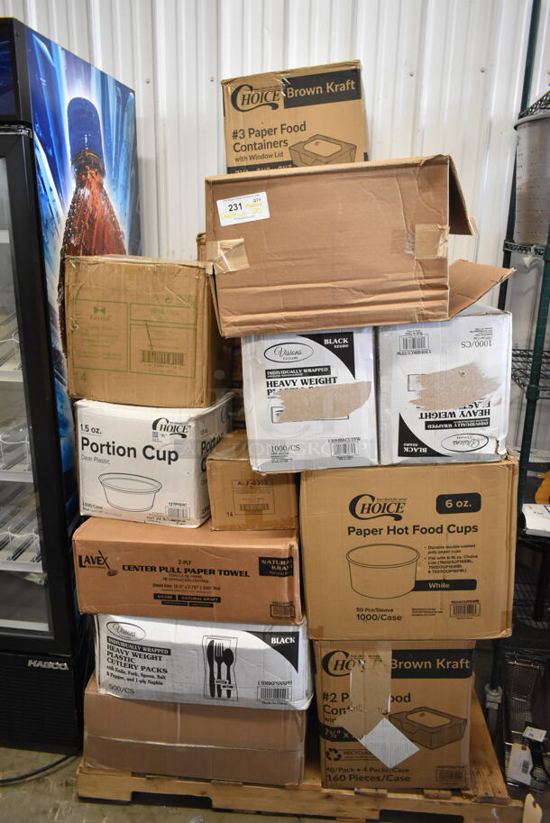 PALLET LOT of 20 BRAND NEW Boxes Including Tuxton BPM-135L 13.5 oz. Porcelain White Newport China Mug - 36/Case, Tuxton ALF-0303 Alaska 3 oz. Stackable Bright White China Espresso Cup - 36/Case, 127P150C Choice 1.5 oz. Clear Plastic Souffle Cup / Portion Cup - 2500/Case, 5002CPTENAT Lavex 2-Ply Natural Kraft Center Pull Paper Towel 510' Roll - 6/Case, 130BKFSNSPH Visions Wrapped Black Heavy Weight Cutlery Pack with Knife, Fork, Spoon, Napkin S&P  - 500/case, 2 Box 130HBKCUTFW Visions Individually Wrapped Black Heavy Weight Plastic Fork - 1000/Case, 760SOUP6WB Choice 6 oz. White Double Poly-Coated Paper Food Cup - 1000/Case, 795PTOKFTW3 Choice 8 1/2" x 6" x 2 1/2" Kraft Folded Paper #3 Take-Out Container with Window - 160/Case. 20 Times Your Bid! - Image 2 of 10