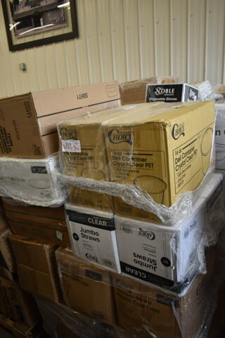 PALLET LOT of 20 BRAND NEW Boxes Including Dart 50HT1 5" x 5" x 3" White Foam Hinged Lid Container - 500/Case, 245CCGR10BL Baker's Lane 10" White Corrugated Grease-Resistant Cake Circle - 100/Case, 2 Box Dart Quiet Classic Plates, 2 500TW7 Choice 7 oz. Translucent Thin Wall Plastic Cold Cup - 2500/Case, 2 Box 485WJ10TN Choice 10 1/4" Jumbo Translucent Wrapped Straw - 2000/Case, Choice 16 oz Deli Container, 3 Box 5013858 Lavex Li'l Herc 55-60 Gallon 1.2 Mil 38" x 58" Low Density Medium-Duty Black Trash Bag / Can Liner - 100/Case, 433BR25SHBGC Choice 25 lb. Shorty Natural Kraft Paper Bag - 500/Case, 4 Box 8.5" Smooth Wall Paper Plates, 127P150C Choice 1.5 oz. Clear Plastic Souffle Cup/ Portion Cup. 20 Times Your Bid!