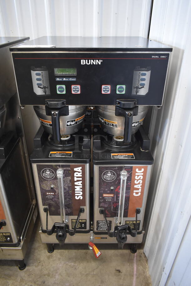 2012 Bunn DUAL SH DBC Stainless Steel Commercial Countertop Coffee Machine w/ Hot Water Dispenser, 2 Satellite Servers and 2 Metal Brew Baskets. 120/240 Volts, 1 Phase. - Image 1 of 6