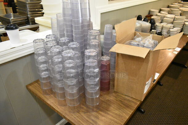Wood Pattern Dining Height Table w/ Contents Including Poly Beverage Tumblers. (main dining room) - Image 4 of 4
