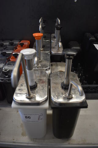 8 Various Poly Bins w/ Metal Lids; 7 Pump Lids and 1 Flat Lid. Includes 4.5x7.5x15, 4.5x7.5x15, 3x8x15. 8 Times Your Bid!