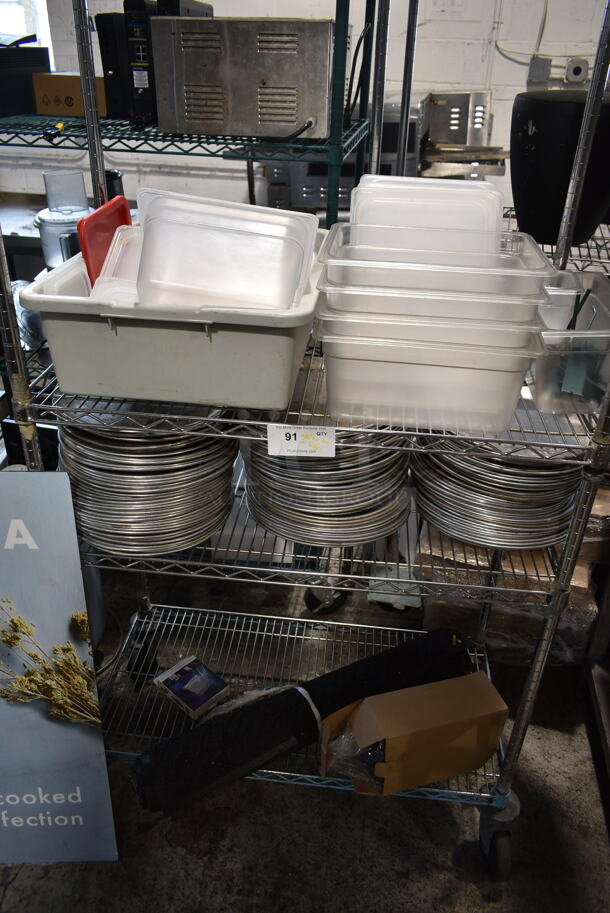 ALL ONE MONEY! Lot of Items on Shelving Unit and Sign; Includes Metal Round Baking Pans and Poly Drop In Bins. Does Not Include Shelving Unit.  - Image 2 of 6