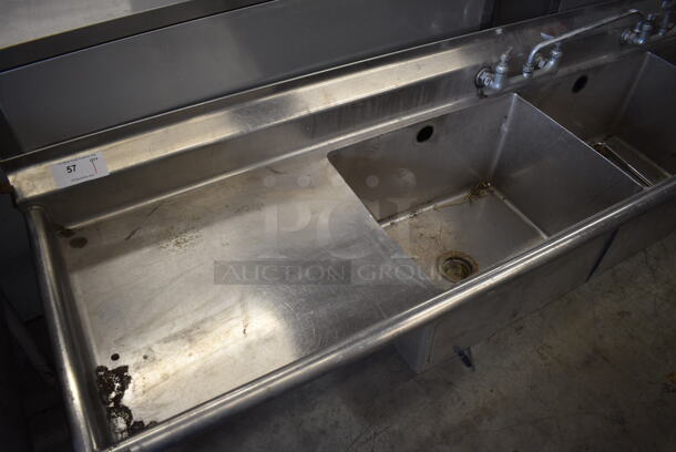 Stainless Steel Commercial 3 Bay Sink w/ Dual Drainboards, 2 Faucets and 2 Handle Sets. Does Not Have Legs. 124x25x25.5. Bays 24x18x14. Drainboard 24x21x2 - Image 2 of 5