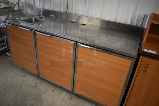 Duke Model SUBPS-72-LM Stainless Steel Commercial Counter w/ Sink Bay, Faucet, Handle, 3 Wood Pattern Doors and Backsplash. 72x30x40 - Image 2 of 7