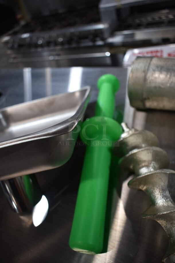 BRAND NEW SCRATCH AND DENT! Metal Commercial Meat Grinder Attachment w/ Tray and Pusher. See Pictures for Crack on Underside - Image 6 of 8