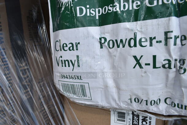 PALLET LOT of 20 BRAND NEW Boxes Including 347SLWG12A Visions 12 oz. Heavy Weight Clear Plastic Stemless Angled Wine Glass - 64/Case, 394365XL Noble Products Powder-Free Disposable Clear Vinyl Gloves for Foodservice - Extra Large - 1000/Case, 129MCR32B Choice 32 oz. Black Round Microwavable Heavy Weight Container with Lid 7 1/4" - 150/Case, 795PTOWHT1 Choice White Microwavable Folded Paper #1 Take-Out Container 4 3/8" x 3 1/2" x 2 1/2" - 450/Case, 126MF993B3C Ecopax 9" x 9" 3-Compartment Microwaveable Black Mineral-Filled Plastic Hinged Take-Out Container - 150/Case, 500CC16HW Choice Heavy Weight 16 oz. Clear Plastic Cold Cup - 1000/Case, Dart C53PST1 ClearSeal Hinged Lid Plastic Container 5 3/8" x 5 1/4" x 2 5/8" - 500/Case, 500TW16S Choice 16 oz. Translucent Thin Wall Squat Plastic Cold Cup - 1000/Case, 433NHT101 Choice 1/6 Standard Size White "Thank You" Standard-Duty Plastic T-Shirt Bag - 700/Case, 164VYCHAIRBK Lancaster Table & Seating Vineyard Series Smokey Black Outdoor Cross Back Chair, 127CH08F Choice 8 oz. Clear RPET Tall Hinged Deli Container - 200/Case, 5002CPTE Lavex 2-Ply White Center Pull Economy Paper Towel Roll, 500 Sheets / Roll - 6/Case, 394365M Noble Products Powder-Free Disposable Clear Vinyl Gloves for Foodservice - Medium - 1000/Case. 20 Times Your Bid!  - Image 4 of 12