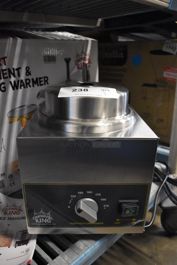 BRAND NEW IN BOX! Carnival King 382HSPW35 Stainless Steel Commercial Countertop Electric Powered 3.5 Qt. Warmer with Heated Spout and Pump. 120 Volts, 1 Phase. 9x17x12. Tested and Working!