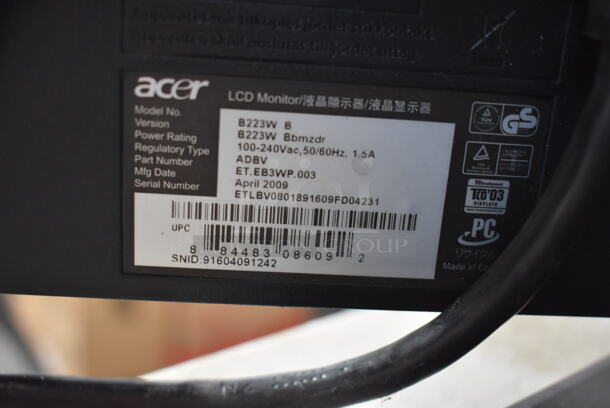 3 Acer B223W B 22" Computer Monitors. 100-240 Volts, 1 Phase. 3 Times Your Bid! - Image 5 of 7