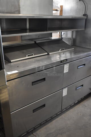 Delfield Stainless Steel Commercial Sandwich Salad Prep Table Bain Marie Mega Top w/ Over Shelf on Commercial Casters. 115 Volts, 1 Phase. Tested and Powers On But Does Not Get Cold