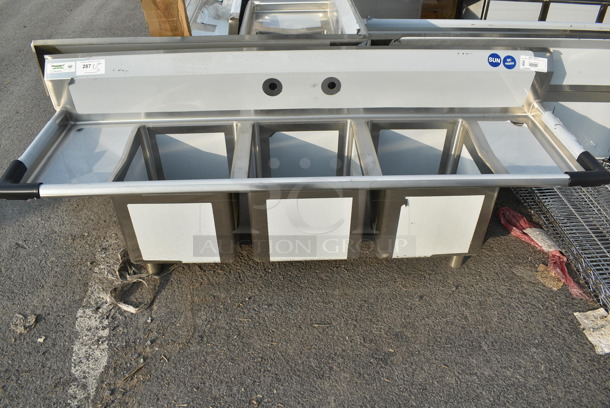 BRAND NEW SCRATCH AND DENT! Regency 600S31416212 70" 16 Gauge Stainless Steel Three Compartment Sink with Galvanized Steel Legs and Two Drainboards - 14" x 16" x 12" Bowls - Image 2 of 9