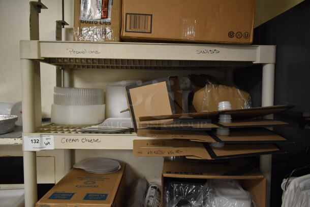 Tan Poly 6 Tier Shelving Unit w/ Contents Including Paper Products. BUYER MUST REMOVE: BUYER MUST DISMANTLE. PCI CANNOT DISMANTLE FOR SHIPPING. PLEASE CONSIDER FREIGHT CHARGES. (dish room) - Image 6 of 7