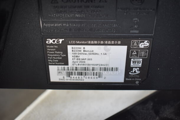 2 Acer B223W B 22" Computer Monitors. 100-240 Volts, 1 Phase. 2 Times Your Bid! - Image 6 of 7