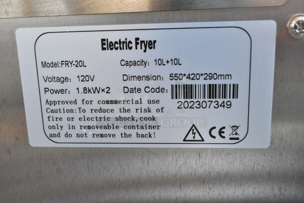 BRAND NEW SCRATCH AND DENT! 2023 Hoocoo FRY-20L Stainless Steel Commercial Countertop Electric Powered 2 Bay Deep Fat Fryer w/ 2 Metal Baskets and 2 Lids. 120 Volts, 1 Phase. - Image 5 of 5