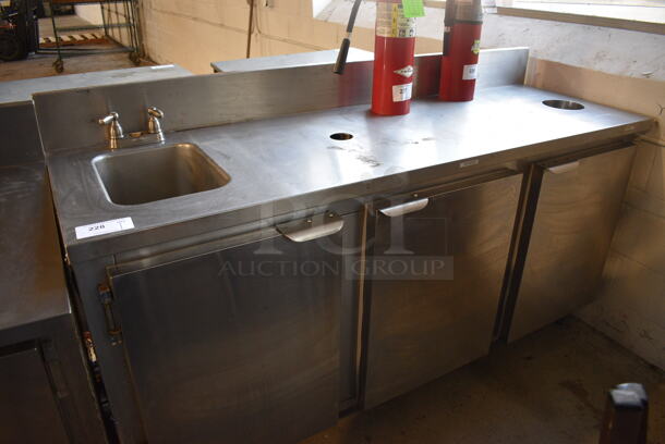 Stainless Steel Commercial Counter w/ Sink Bay, Handles and 3 Doors. 72.5x24.5x42