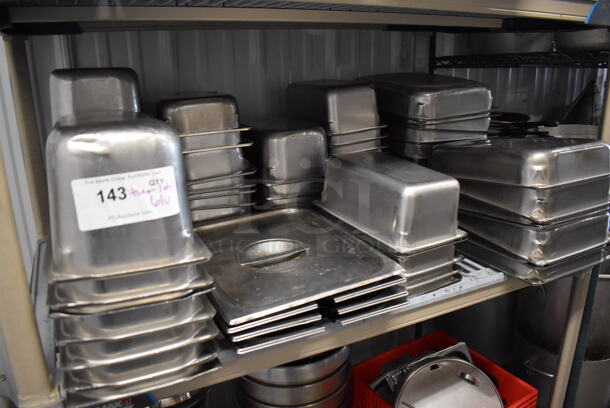 ALL ONE MONEY! Tier Lot of 61 Various Stainless Steel Drop In Bins and Lids. Includes 1/3x6, 1/4x6, 1/3x2, 1/2x2
