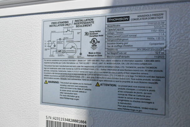 Thomson TFRF520-B-SM Metal Chest Freezer w/ Hinge Lid. 115 Volts, 1 Phase. Tested and Working! - Image 6 of 6