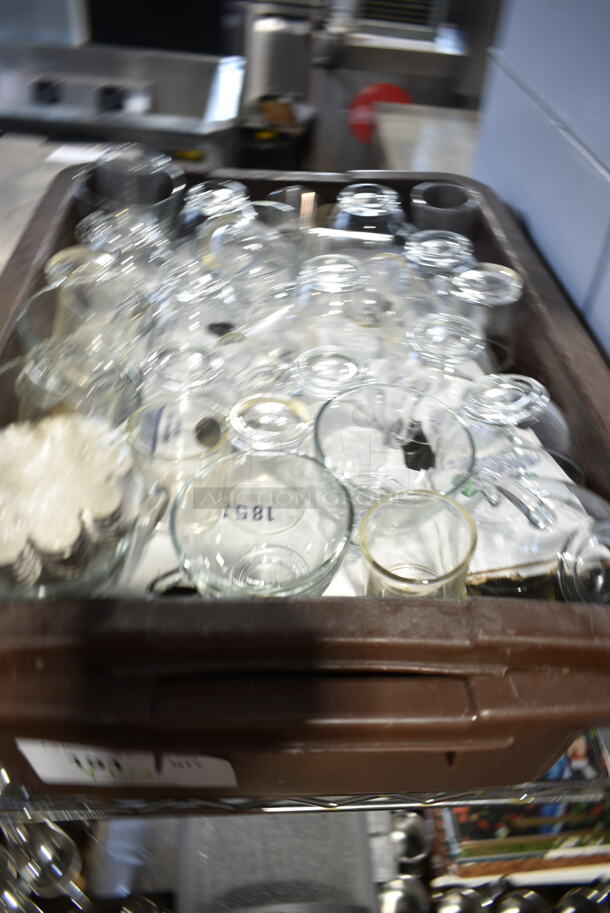 ALL ONE MONEY! Lot of Brown Bus Bin w/ Contents Including Glasses and Metal Muffin Tins - Image 4 of 5