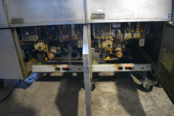 Pitco Frialator Model SG18 Stainless Steel Commercial Natural Gas Powered 2 Bay Deep Fat Fryer w/ Left Side Model SGBN Dumping Station and 4 Metal Fry Baskets on Commercial Casters. 140,000 BTU. 59x34.5x45.5 - Image 8 of 10