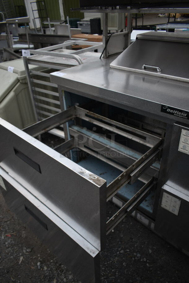 Delfield Stainless Steel Commercial Sandwich Salad Prep Table Bain Marie Mega Top w/ 4 Drawers and 2 Tier Over Shelf.  - Image 8 of 9