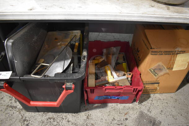 ALL ONE MONEY! Lot of Various Items Under Table Including Poly Bins, Metal Items and Bare Paper Cones - Image 1 of 10