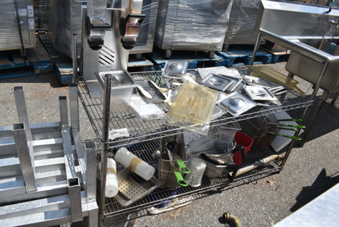 Chrome Finish 2 Tier Wire Shelving Unit w/ Contents Including Stainless Steel Drop In Bin Lids. BUYER MUST DISMANTLE. PCI CANNOT DISMANTLE FOR SHIPPING. PLEASE CONSIDER FREIGHT CHARGES.