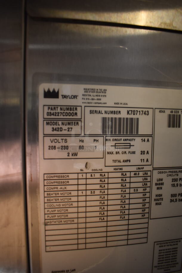Taylor 342D-27 2 Flavor Frozen Drink Machine Dispenser w/ Blender on Commercial Casters. 208-230 Volt 1 Phase - Image 6 of 8