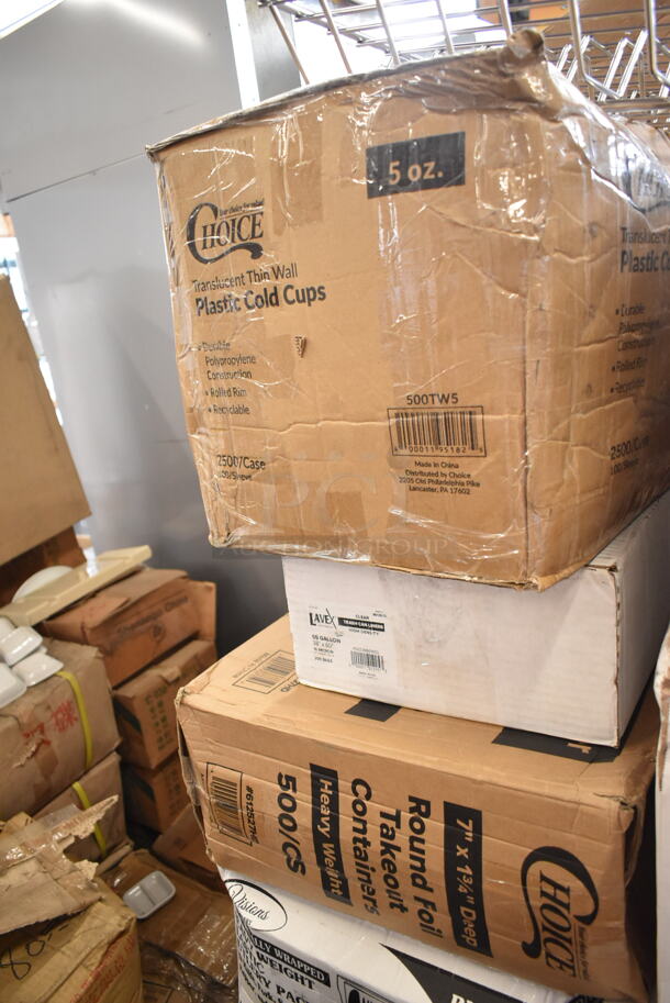 PALLET LOT of 27 BRAND NEW Boxes Including 130HCLCUTFW Visions Individually Wrapped Clear Heavy Weight Plastic Fork - 1000/case, 5005DNAPFLTE Choice White Linen-Feel Flat - Packed Dinner Napkin, 3 Box 5002TPJPREM Lavex Premium 2-Ply Jumbo 720' Toilet Paper Roll with 9" Diameter - 12/Case, Dart 80HT3R 8" x 7 1/2" x 2" White Foam Three-Compartment Square Take Out Container with Hinged Lid - 200/Case, Choice 8 lb. Clear Plastic Ice Bag with Ice Print - 1000/Case, Choice White Disposable Silverware Bags, 500TW5 Choice 5 oz. Translucent Thin Wall Plastic Cold Cup - 2500/Case, 502386016CL Lavex 55-60 Gallon 16 Micron 38" x 60" High Density Janitorial Can Liner / Trash Bag - 200/Case, 612527HD Choice 7" Round Heavy Weight Foil Take-Out Pan - 500/Case, 4 Box 130BKFSNSPH Visions Heavy Weight Black Wrapped Plastic Cutlery Pack with Napkin and Salt and Pepper Packets - 500/Case, Ashland Grease Trap. 27 Times Your Bid! - Image 3 of 11