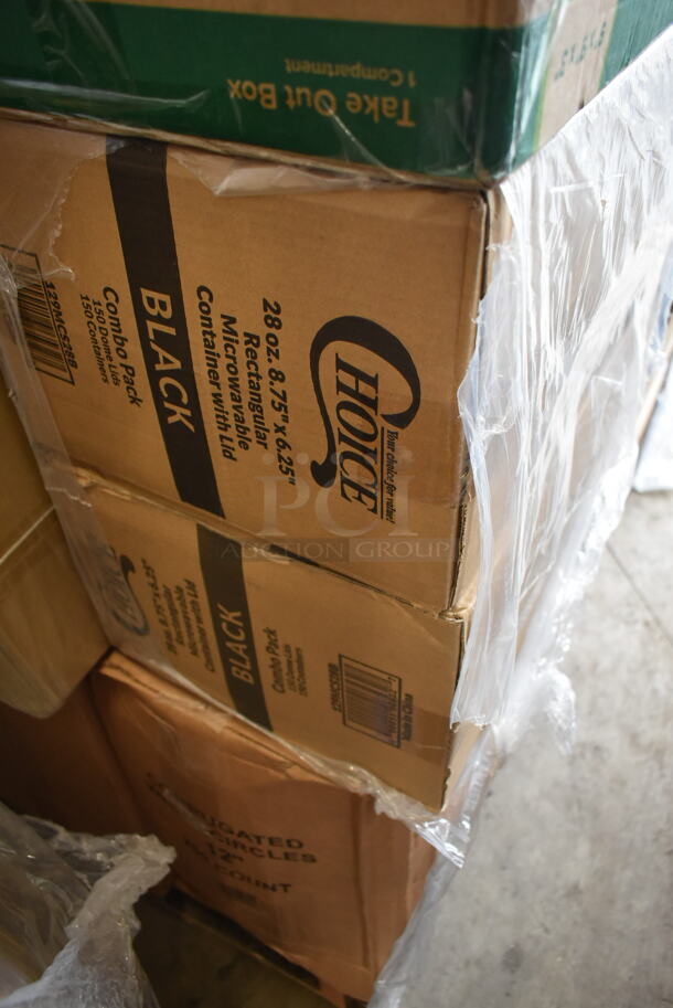 PALLET LOT of 29 BRAND NEW Boxes Including 4 Boxes 394325XL Noble NexGen Powder-Free Disposable Blue Hybrid 3 Mil Thick Gloves - Extra Large - 1000/Case, 2 Box 500MF883W1C Choice 8" x 8" 1-Compartment Microwaveable White Mineral-Filled Plastic Hinged Take-Out Container - 150/Case, LG8R Solo Cup, 500TO993C3 Choice 9" x 9" x 3" Microwaveable 3-Compartment Black / Clear Plastic Hinged Container - 100/Case, 4 Box 129MCR32B Choice 32 oz. Black Round Microwavable Heavy Weight Container with Lid 7 1/4" - 150/Case, 395TO991 EcoChoice 9" x 9" x 3" Compostable Sugarcane / Bagasse 1 Compartment Take-Out Box - 200/Case, 2 Box 5013858 Lavex Li'l Herc 55-60 Gallon 1.2 Mil 38" x 58" Low Density Medium-Duty Black Trash Bag / Can Liner - 100/Case, 245CPB10 Choice 10" x 10" x 2" Kraft Corrugated Pizza Box - 50/Case, 12" Corrugated White Circles, 50020CAFE Choice 20 oz. Café Print Poly Paper Hot Cup - 600/Case. 29 Times Your Bid!  - Image 12 of 12