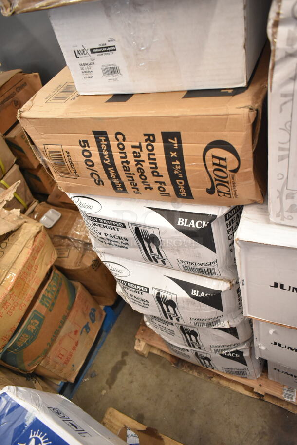 PALLET LOT of 27 BRAND NEW Boxes Including 130HCLCUTFW Visions Individually Wrapped Clear Heavy Weight Plastic Fork - 1000/case, 5005DNAPFLTE Choice White Linen-Feel Flat - Packed Dinner Napkin, 3 Box 5002TPJPREM Lavex Premium 2-Ply Jumbo 720' Toilet Paper Roll with 9" Diameter - 12/Case, Dart 80HT3R 8" x 7 1/2" x 2" White Foam Three-Compartment Square Take Out Container with Hinged Lid - 200/Case, Choice 8 lb. Clear Plastic Ice Bag with Ice Print - 1000/Case, Choice White Disposable Silverware Bags, 500TW5 Choice 5 oz. Translucent Thin Wall Plastic Cold Cup - 2500/Case, 502386016CL Lavex 55-60 Gallon 16 Micron 38" x 60" High Density Janitorial Can Liner / Trash Bag - 200/Case, 612527HD Choice 7" Round Heavy Weight Foil Take-Out Pan - 500/Case, 4 Box 130BKFSNSPH Visions Heavy Weight Black Wrapped Plastic Cutlery Pack with Napkin and Salt and Pepper Packets - 500/Case, Ashland Grease Trap. 27 Times Your Bid! - Image 4 of 11