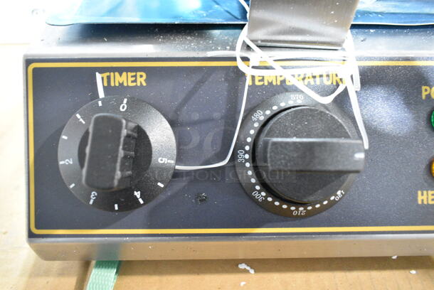 BRAND NEW SCRATCH AND DENT! 2023 Carnival King 382WBM26 Stainless Steel Commercial Countertop Non-Stick Double Belgian Waffle Maker with Timers. 120 Volts, 1 Phase. See Pictures for Damage. Tested and Working! - Image 4 of 9