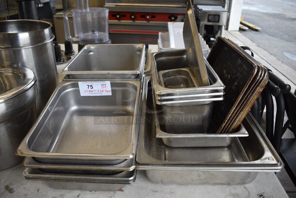ALL ONE MONEY! Lot of 17 Various Stainless Steel Drop In Bins, 2 Lids and 4 Metal Pans. Includes 1/2x4, 1/2x6