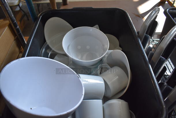 ALL ONE MONEY! Lot of Green Finish 4 Tier Shelving Unit on Commercial Casters w/ Contents Including 3 Bagel Cutters, Poly Bowls, Poly Trays, Ceramic Vases, Ceramic Plates. BUYER MUST DISMANTLE. PCI CANNOT DISMANTLE FOR SHIPPING. PLEASE CONSIDER FREIGHT CHARGES. 48x18x80.  - Image 11 of 12