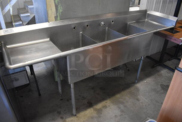 Stainless Steel Commercial 3 Bay Sink w/ Dual Drainboards. 95.5x24.5x44.5. Bays 18x21x14. Drainboards 19x20x1