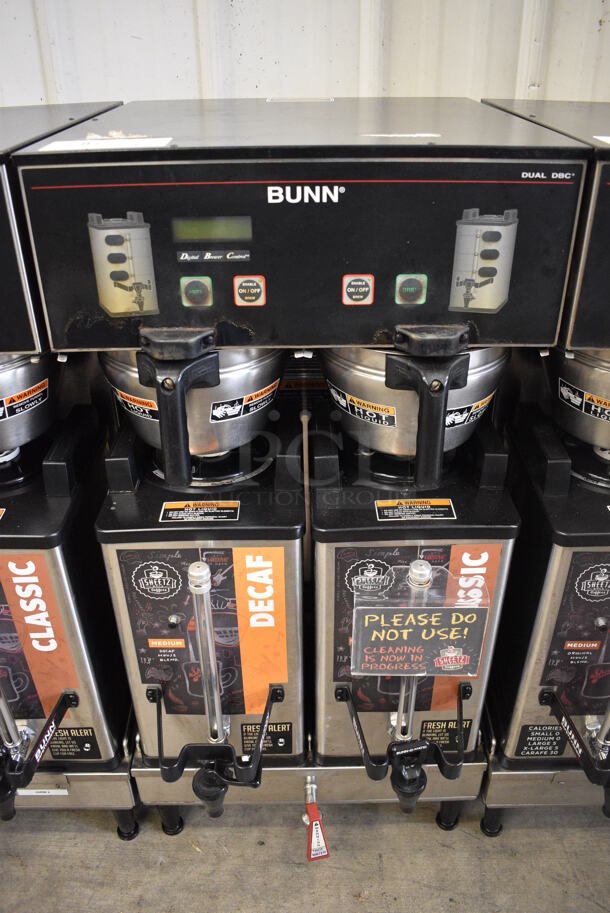2012 Bunn Model DUAL SH DBC Stainless Steel Commercial Countertop Dual Coffee Machine w/ Hot Water Dispenser, 2 Stainless Steel Brew Baskets and 2 Bunn Model SH SERVER Satellite Servers. 120/208-240 Volts, 1 Phase. 18x24x36. Tested and Working! - Image 1 of 6