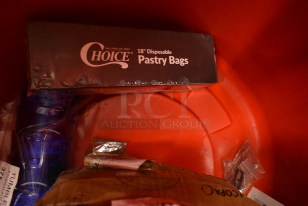 PALLET LOT of 23 BRAND NEW Boxes Including 150ASIANPINT Emperor's Select Chinese Pint Size Insulated Foil Bag - 1000/Case, 304FND109W Acopa Foundations 9" White Narrow Rim Melamine Plate - 12/Case, 3756620BP GET 6620-BP 20 oz. Blue Pepsi® SAN Plastic Pebbled Tumbler - 72/Case, Choice Pastry Bags, 471SPC100 Choice 20 13/16" Aluminum Pot / Pan Cover, 470M37015 Barfly M37015 12 3/8" Stainless Steel Bar Spoon with Fork End, 2 475TCRND44RD Lavex 44 Gallon Red Round Commercial Trash Can, 2 Box 127PL2 Choice PET Plastic Lid for 1.5 to 2.5 oz. Souffle Cup / Portion Cup - 2500/Case, 130PSVDISP4 Preserve 36007 Multi-Utensil Cutlery Dispenser, 17821313 Plate, 442CMTTW1044 Lavex 10" x 4" x 4" White Tuck Top Corrugated Mailer - 50/Bundle, 127RDTFLBULK Choice Microwavable Translucent Recessed Fit Deli Lid - 500/Case, 2 127RD16BULK Choice 16 oz. Microwavable Translucent Round Deli Container - 500/Case. 23 Times Your Bid! - Image 5 of 12