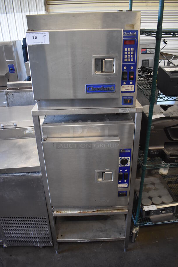 2 Cleveland Stainless Steel Commercial Single Compartment Steam Cabinet on Stainless Steel 2 Tier Equipment Stand. SteamCraft Ultra 5 and SteamCraft Ultra 3. 208 Volts, 3 Phase. 24x32x69. 2 Times Your Bid!