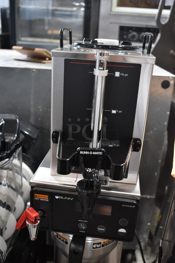 BRAND NEW SCRATCH AND DENT! 2024 Bunn SINGLE AXIOM 15 Stainless Steel Commercial Countertop Single 1 Gallon Coffee Brewer w/ Hot Water Dispenser, Metal Brew Basket and Server Satellite. 120 Volts, 1 Phase.  - Image 4 of 8