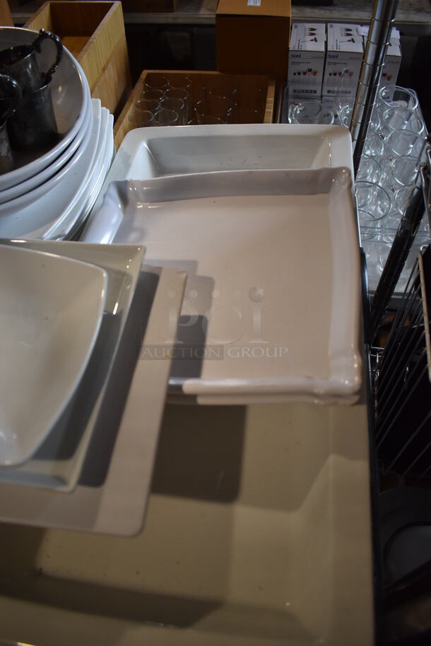 ALL ONE MONEY! Lot of Chrome Finish 3 Tier Shelving Unit on Commercial Casters w/ Contents Including Ceramic Dishes, Silverware and Poly Bins. BUYER MUST DISMANTLE. PCI CANNOT DISMANTLE FOR SHIPPING. PLEASE CONSIDER FREIGHT CHARGES. 24x24x68 - Image 7 of 11