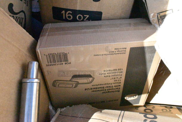 15 BRAND NEW Boxes Including 128HD8COMBO Choice Heavy Duty 8 oz. Microwavable Translucent Plastic Deli Container and Lid Combo Pack - 240/Case, 130CLFKSNH Choice Clear Heavy Weight Wrapped Plastic Cutlery Pack with Napkin - 500/Case, 760PCC16W Choice 16 oz. White Poly Paper Cold Cup, MC6610B Containers, 5001RT800N Lavex 8" Natural Kraft Hardwound Paper Towel, 50016C Choice 16 oz. Coffee Print Poly Paper Hot Cup - 1000/Case. 15 Times Your Bid!  - Image 7 of 12