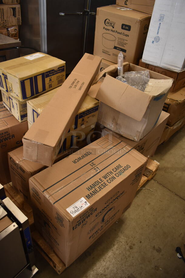 PALLET LOT of 15 BRAND NEW Boxes Including 4 Box H-9-CL High Ball Glasses, Dart 12BWWCR Concorde 10-12 oz. White Non-Laminated Round Foam Bowl - 1000/Case, GET H-9-1-SAN-CL Cheers 9 oz. Customizable Clear SAN Plastic Highball Glass - 24/Case, Choice 16 oz Deli Container, M-4010 100' Banquet Roll, 500PTCRLLWH Choice 40" x 100' White Plastic Table Cover Roll - 4/Case, 128HD24COMBO  ChoiceHD 24 oz. Microwavable Translucent Plastic Deli Container and Lid Combo Pack - 240/Case, 433PANPAL2 Baker's Lane PanPal Non-Stick Reusable Full Size Pan Liner - 2/Pack, Vollrath 68291 Wear-Ever 40 Qt. Replacement Boiler / Fryer Basket for 68270. 15 Times Your Bid! - Image 1 of 12